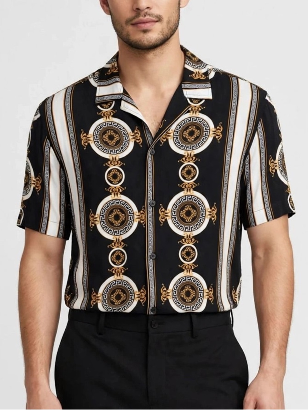 Casa Moda Couture Short‑Sleeve Button Shirt – Baroque Print – summer vacay shirt